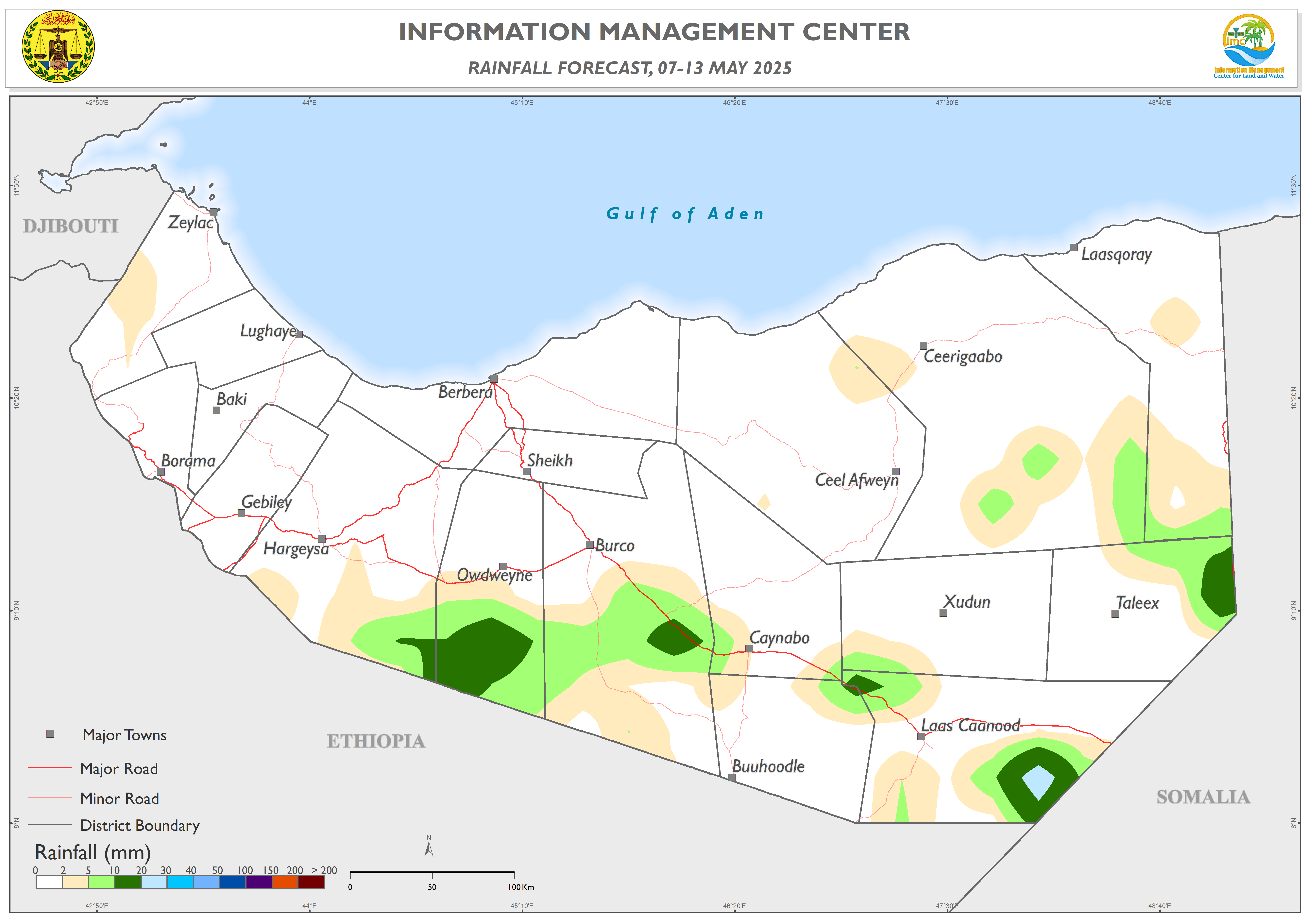 Somaliland Weekly rainfall forecast from 07 to 13 May 2025