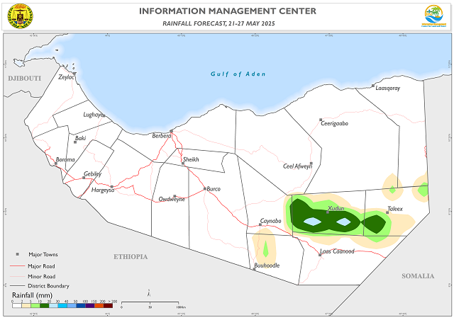 Somaliland Weekly Weather Forecast from 21 to 27 May 2025.
