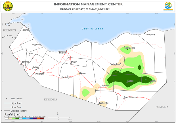 Somaliland Weekly Weather Forecast from 28 May and 3 June 2025.